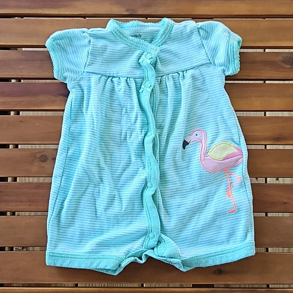 Carter's Teal White Stripped Baby Girl Flamingo Cotton Romper 3M - Picture 1 of 7